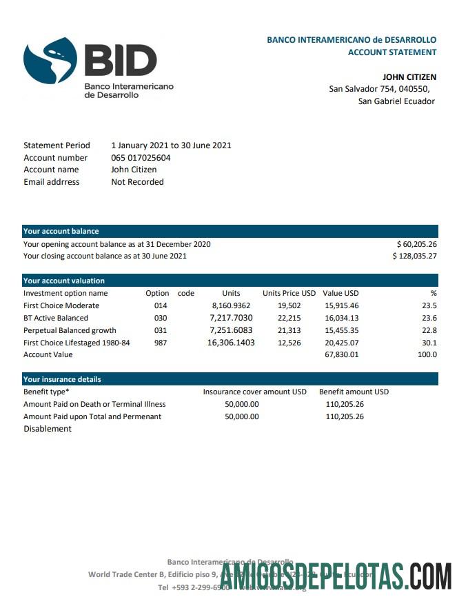 em branco Equador Banco Interamericano De Desarrollo BID Extrato bancário modelo fácil de preencher em formato de arquivo .xls e .pdf
